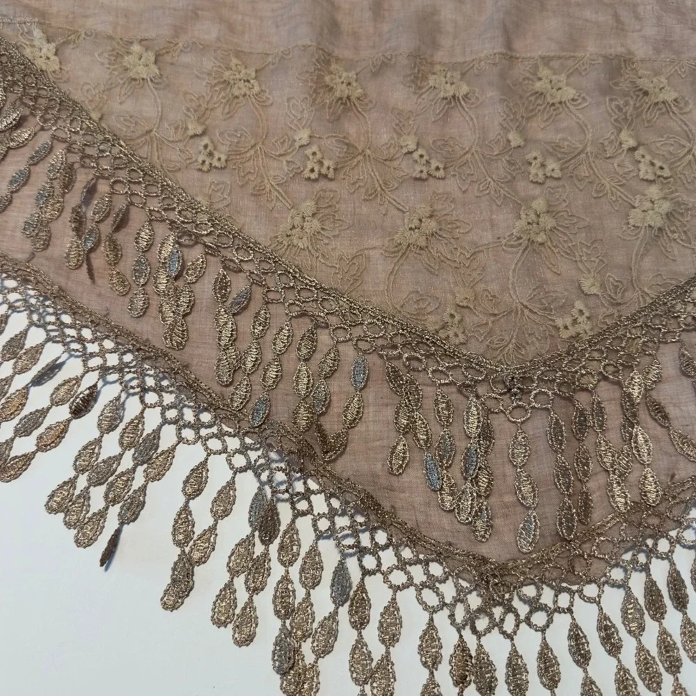 Miss Scarf QQ Triangle Wrap Taupe Lace Floral Fringe Boho Shawl OS Metallic Leaf